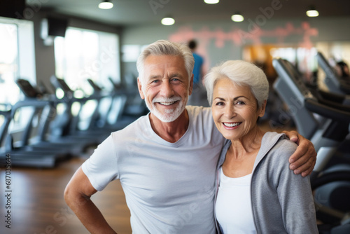 Wallpaper Mural Older smiling couple in modern gym. Faces with happiness and vitality, positive impact of regular exercise on well-being. Background with gym equipment. Active lifestyle and companionship in aging. Torontodigital.ca