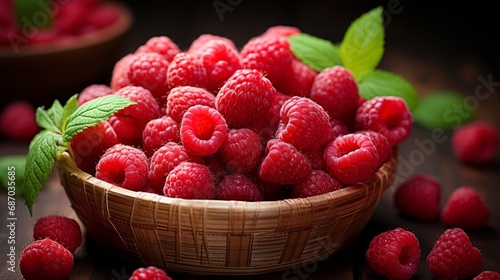 A basket filled with ripe raspberries on a wooden