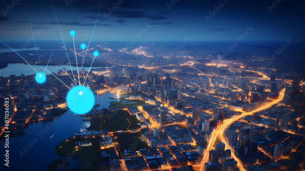 Searching location on map and pin above blue tone city scape and network connection, internet of things, satellite navigation system concept. Generative Ai. Searching location on map and pin above blue tone city scape and network connection, internet of things, satellite navigation system concept. Generative Ai.