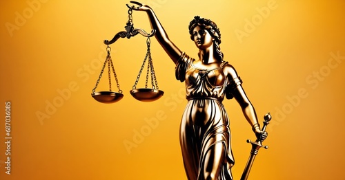 statue of justice isolated in yellow background, copy space