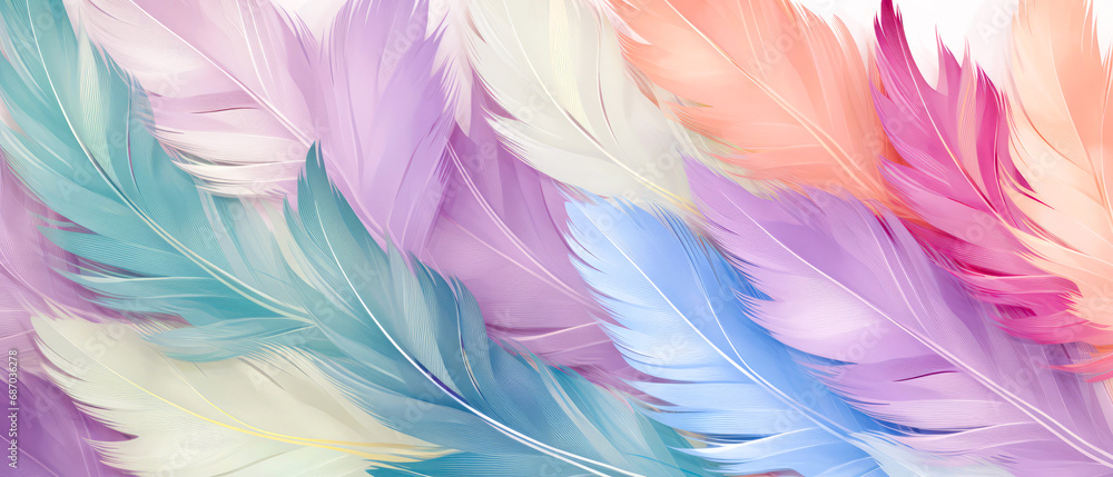 Colorful feathers background. Pastel feather texture. Generative AI