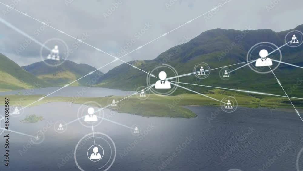 Animation of connected icons over aerial view of lake between mountains against cloudy sky