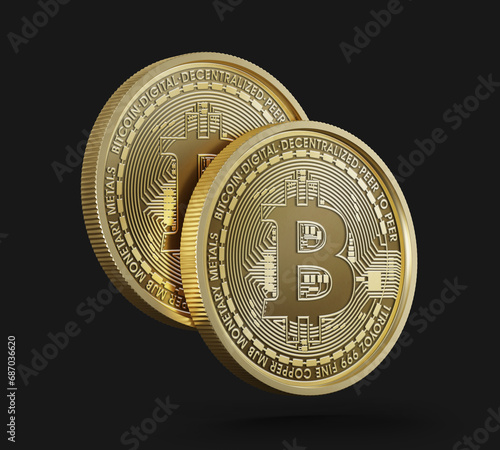 Two Bitcoins Floating, Mockup Template, Banking Concept, Cryptocurrency, 3d Rendered isolated on Black background.