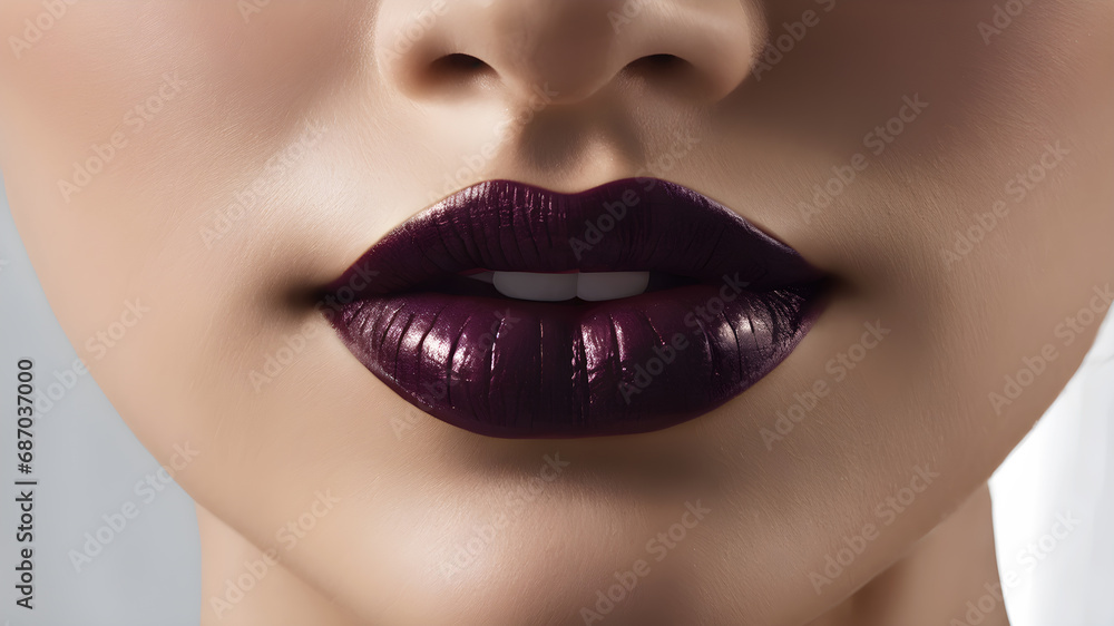 Fototapeta premium Woman with dark lipstick on lips. Cosmetics concept with a gorgeous woman face. Generative Ai