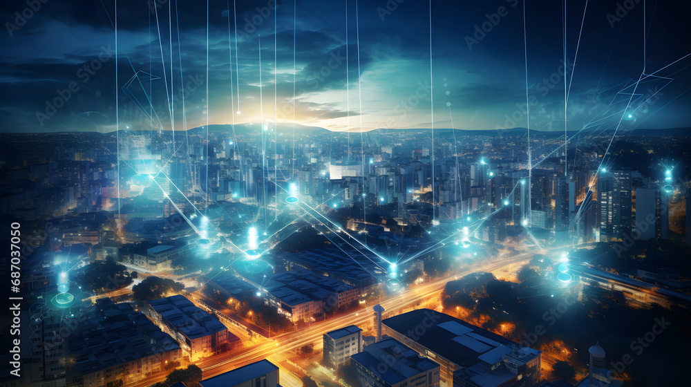 Fototapeta premium Smart city and communication network concept. 5G. LPWA (Low Power Wide Area). Wireless communication. Generative Ai.