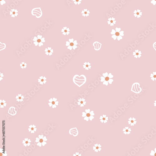 Seamless pattern with daisy flower and white hearts on pink background vector illustration.