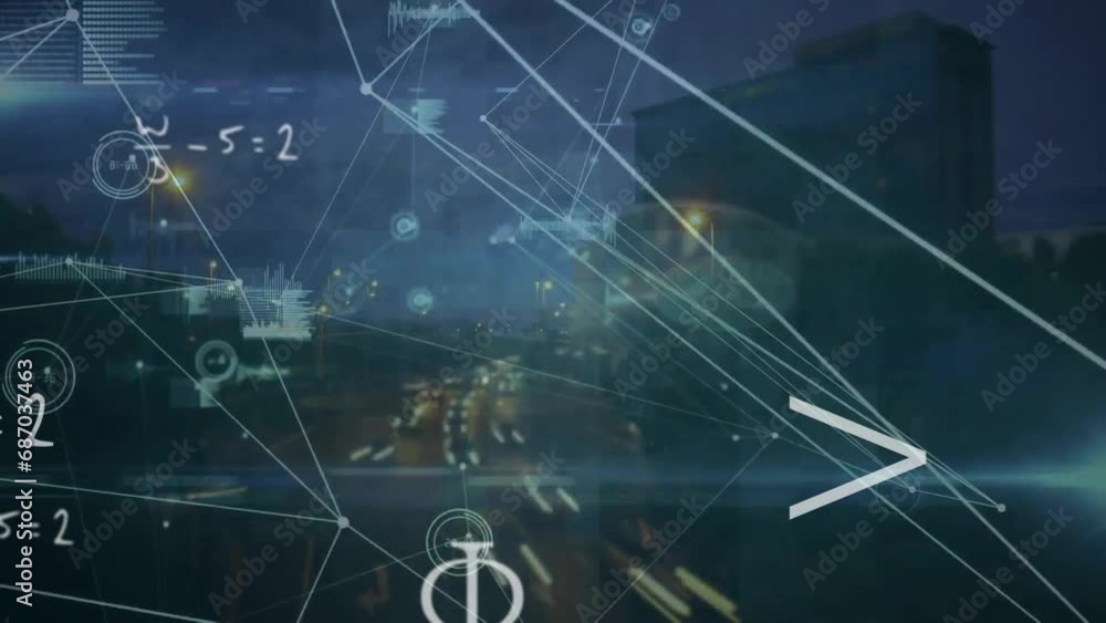 Animation of mathematical equations, connected dots, graph icons, time lapse of moving vehicles Animation of mathematical equations, connected dots, graph icons, time lapse of moving vehicles