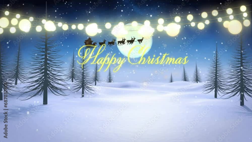 Animation of happy christmas text, trees on snow covered land, santa riding sleigh with reindeers Animation of happy christmas text, trees on snow covered land, santa riding sleigh with reindeers