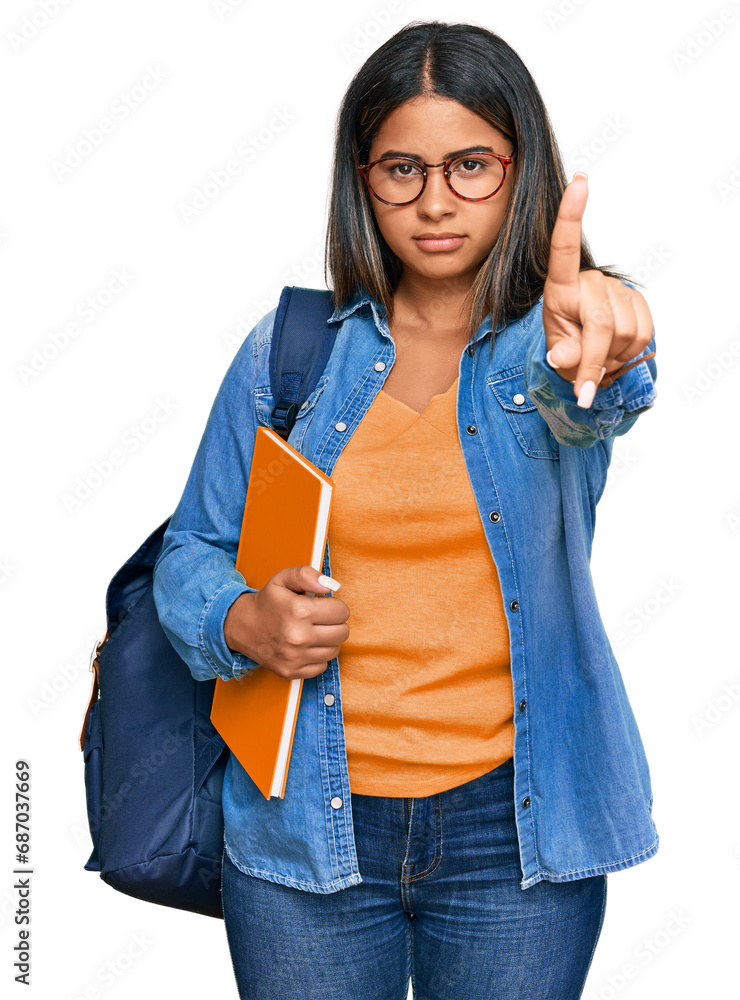 Young latin girl wearing student backpack and holding books pointing with finger up and angry expression, showing no gesture Young latin girl wearing student backpack and holding books pointing with finger up and angry expression, showing no gesture