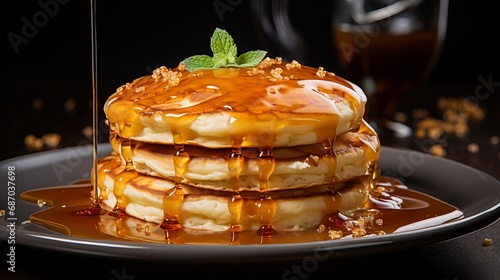 A stack of pancakes on a plate with syrup being pour