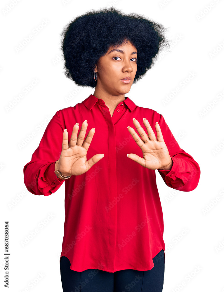 Young african american girl wearing casual clothes moving away hands palms showing refusal and denial with afraid and disgusting expression. stop and forbidden. Young african american girl wearing casual clothes moving away hands palms showing refusal and denial with afraid and disgusting expression. stop and forbidden.