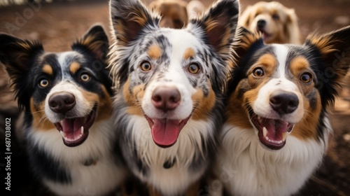 A group of dogs taking a selfie with a blurred backgrond photo