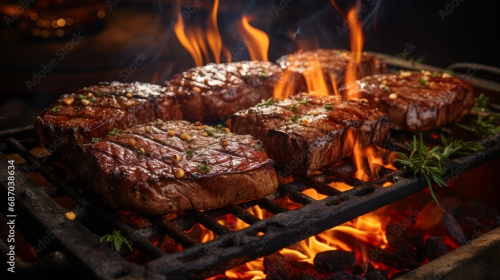 Beef steaks sizzling on a grill surrounded by flames Beef steaks sizzling on a grill surrounded by flames