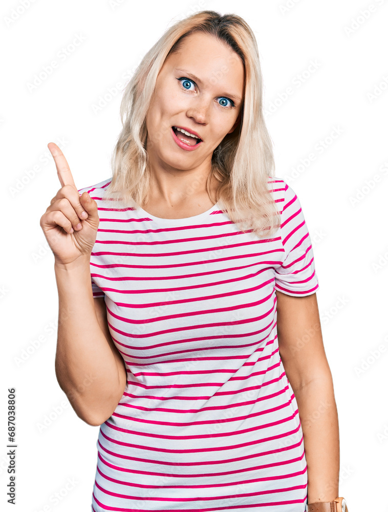 Young caucasian woman wearing casual clothes pointing finger up with successful idea. exited and happy. number one. Young caucasian woman wearing casual clothes pointing finger up with successful idea. exited and happy. number one.