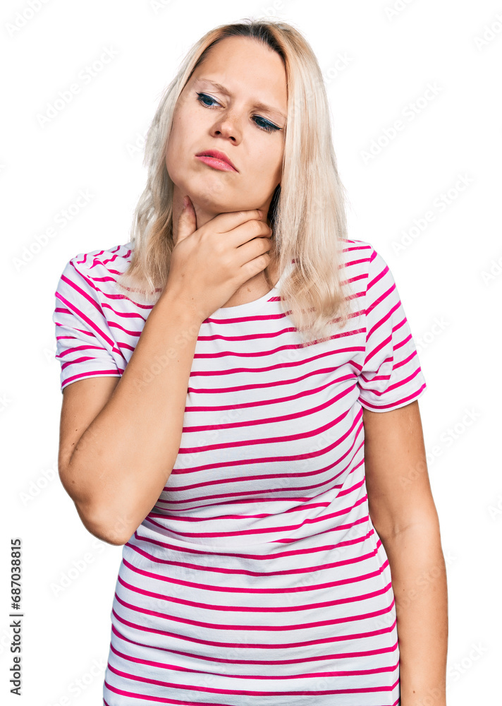Young caucasian woman wearing casual clothes touching painful neck, sore throat for flu, clod and infection Young caucasian woman wearing casual clothes touching painful neck, sore throat for flu, clod and infection