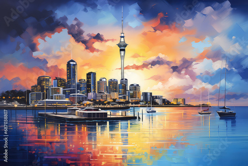 oil painting on canvas, Auckland View from Mt Eden at sunrise. New Zealand.