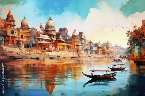 oil painting on canvas, Ancient Varanasi city architecture at sunrise with view of sadhu baba enjoying a boat ride on river Ganges. India. photo