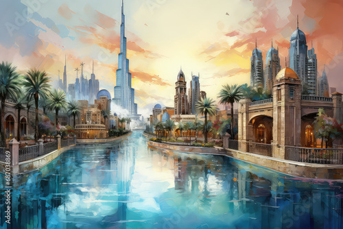 oil painting on canvas, Dubai city - amazing city center skyline and famous Jumeirah beach at sunset, United Arab Emirates.