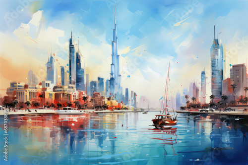 oil painting on canvas, Dubai city - amazing city center skyline and famous Jumeirah beach at sunset, United Arab Emirates. photo