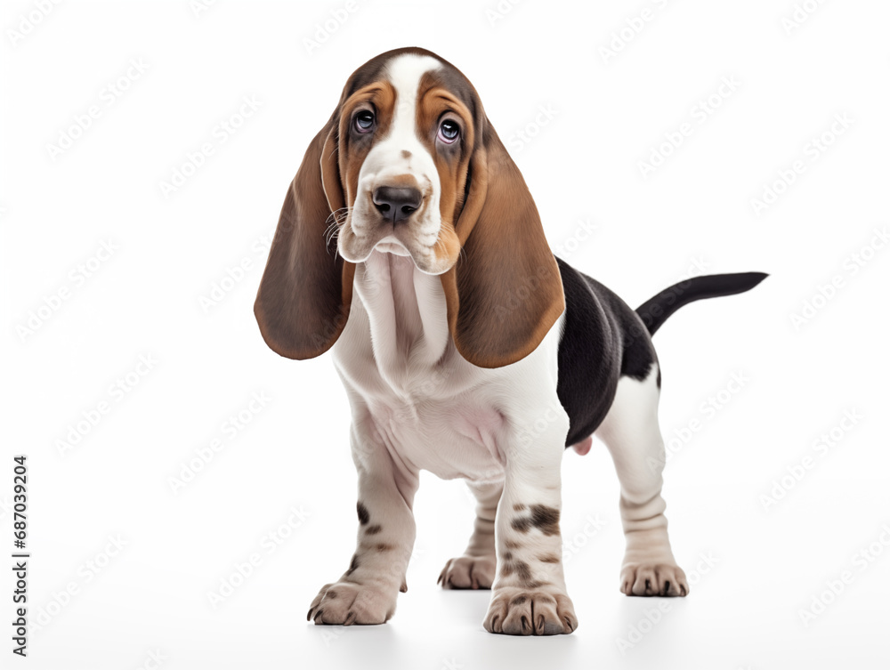 Close-up full-length portrait of a purebred Basset Hound puppy. Isolated on a white background.