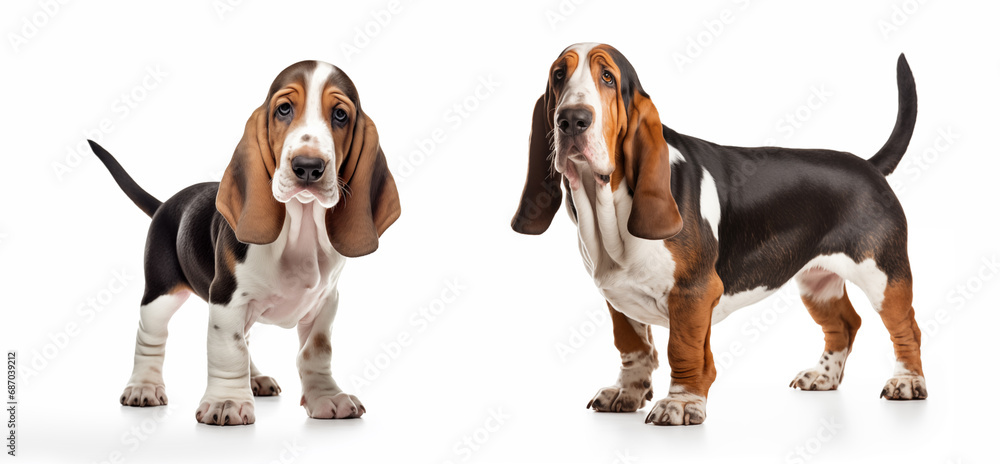 Close-up full-length portrait of a purebred Basset Hound dog. Isolated on a white background.