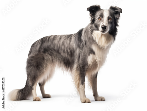 Close-up full-length portrait of a purebred Border Collie Sheepdog. Isolated on a white background.