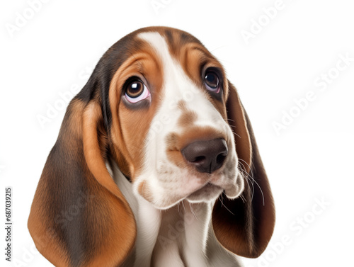 Close-up portrait of a purebred Basset Hound puppy. Isolated on a white background.