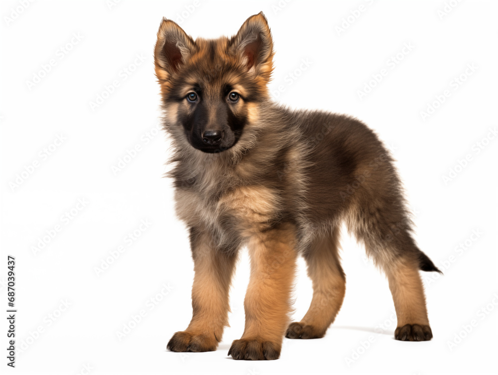 Close-up full-length portrait of a purebred German Shepherd. Isolated on a white background.