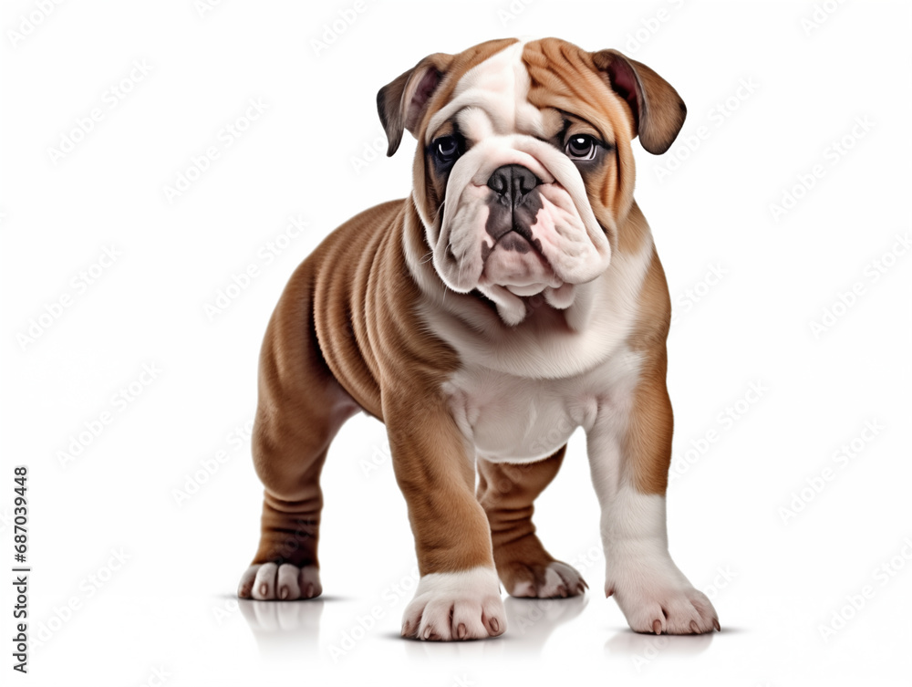 Close-up full-length portrait of a purebred English Bulldog puppy. Isolated on a white background.