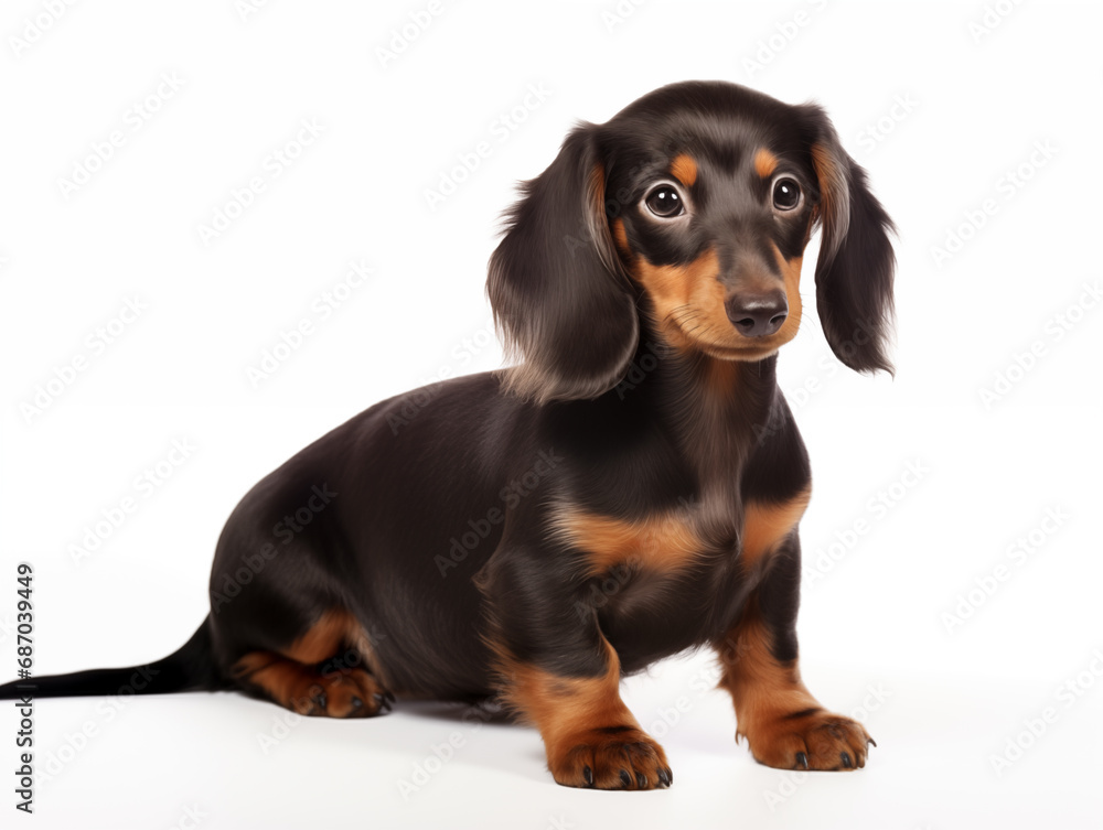 Close-up full-length portrait of a purebred dachshund puppy. Isolated on a white background.