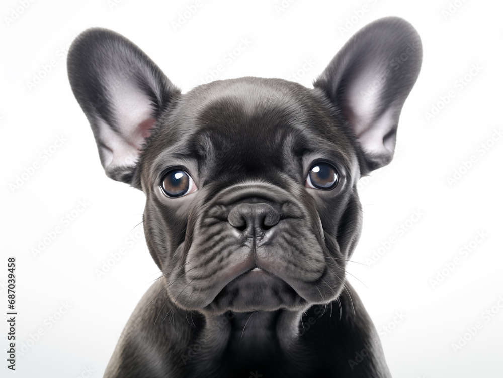 Close-up portrait of a purebred French bulldog puppy. Isolated on a white background.