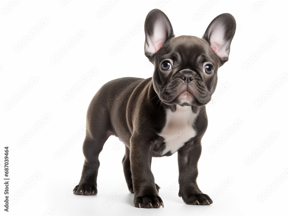 Close-up full-length portrait of a purebred French bulldog puppy. Black suit. Isolated on a white background.