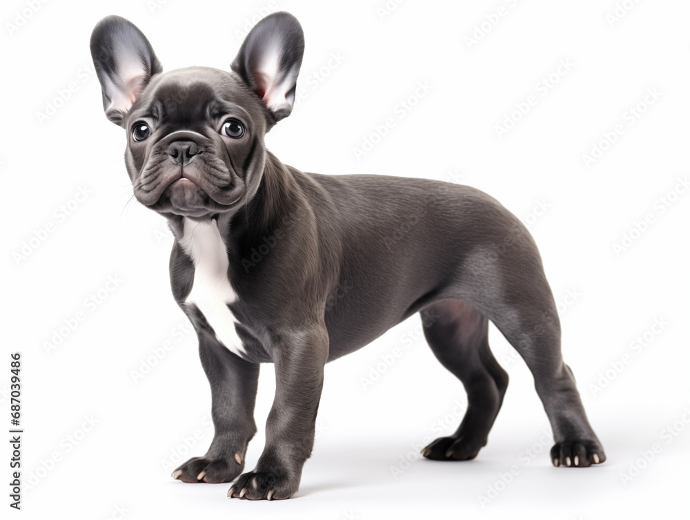 Fototapeta premium Close-up full-length portrait of a purebred French bulldog puppy. Black suit. Isolated on a white background.