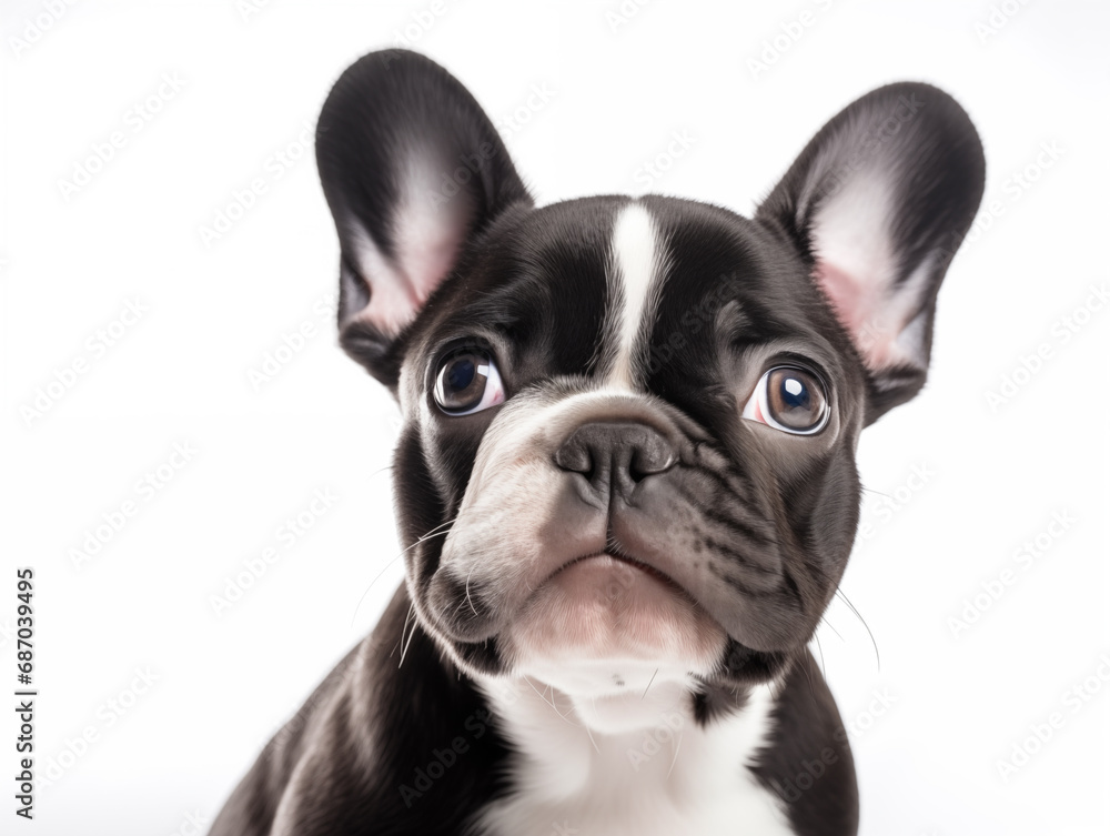 Close-up portrait of a purebred French bulldog puppy. Isolated on a white background. Close-up portrait of a purebred French bulldog puppy. Isolated on a white background.