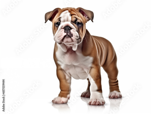 Close-up full-length portrait of a purebred English Bulldog puppy. Isolated on a white background.