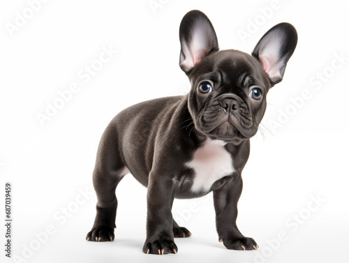 Close-up full-length portrait of a purebred French bulldog puppy. Black suit. Isolated on a white background. © Екатерина