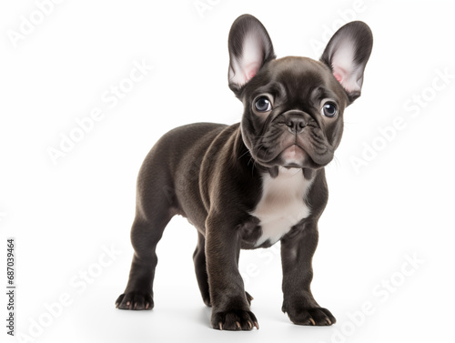 Close-up full-length portrait of a purebred French bulldog puppy. Black suit. Isolated on a white background.