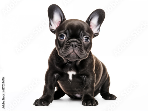 Close-up full-length portrait of a purebred French bulldog puppy. Black suit. Isolated on a white background.