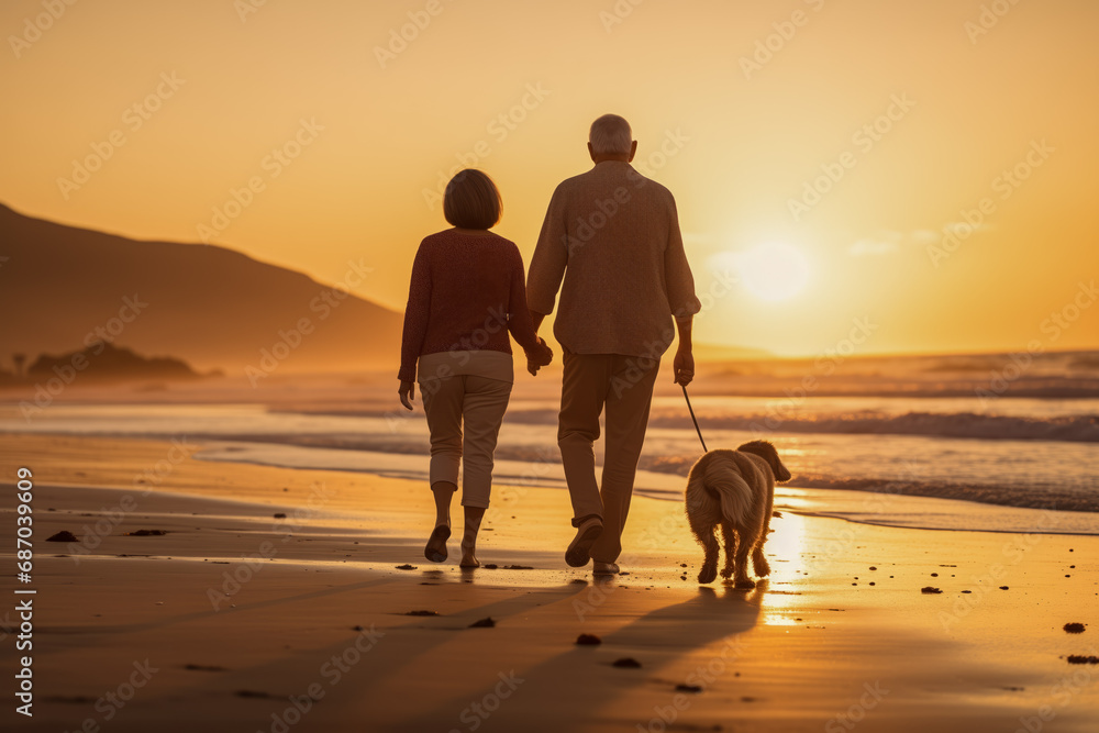 An older retired couple walking their pet dog along a deserted beach at sunset - obrazy, fototapety, plakaty 