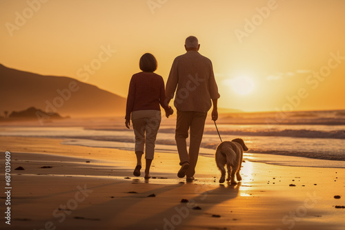 An older retired couple walking their pet dog along a deserted beach at sunset photo