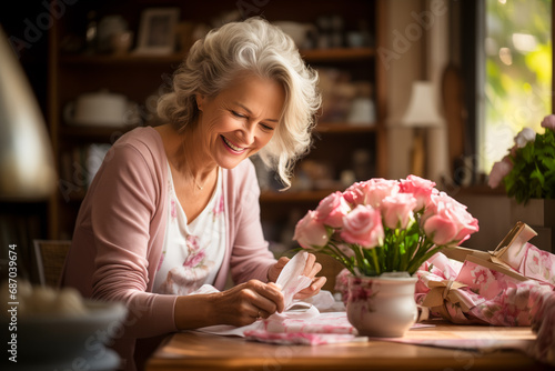 Smiling older senior woman opening a mothers day / birthday present © robert