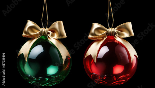 Decorative Christmas balls, with ribbon, isolated on black background