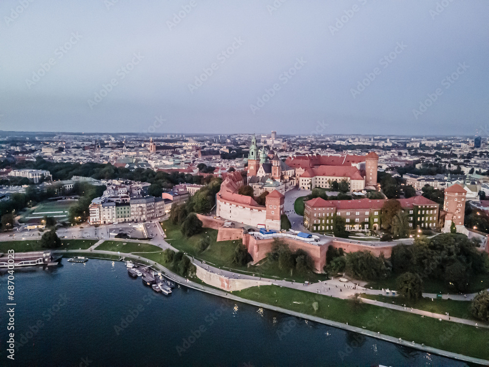 Aerial view of Wawel Royal Castle in Krakow on a summer evening