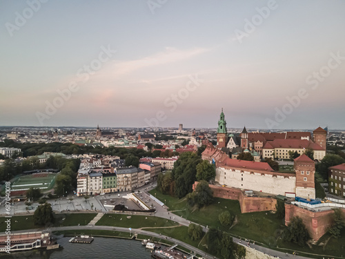 Aerial view of Wawel Royal Castle in Krakow on a summer evening