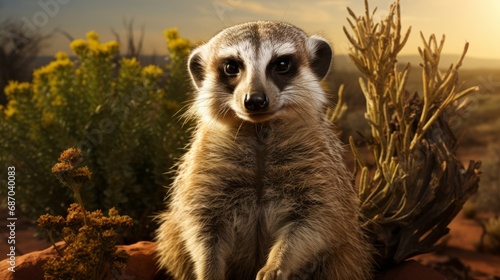 A meerkat sits perched on top of a small mound
