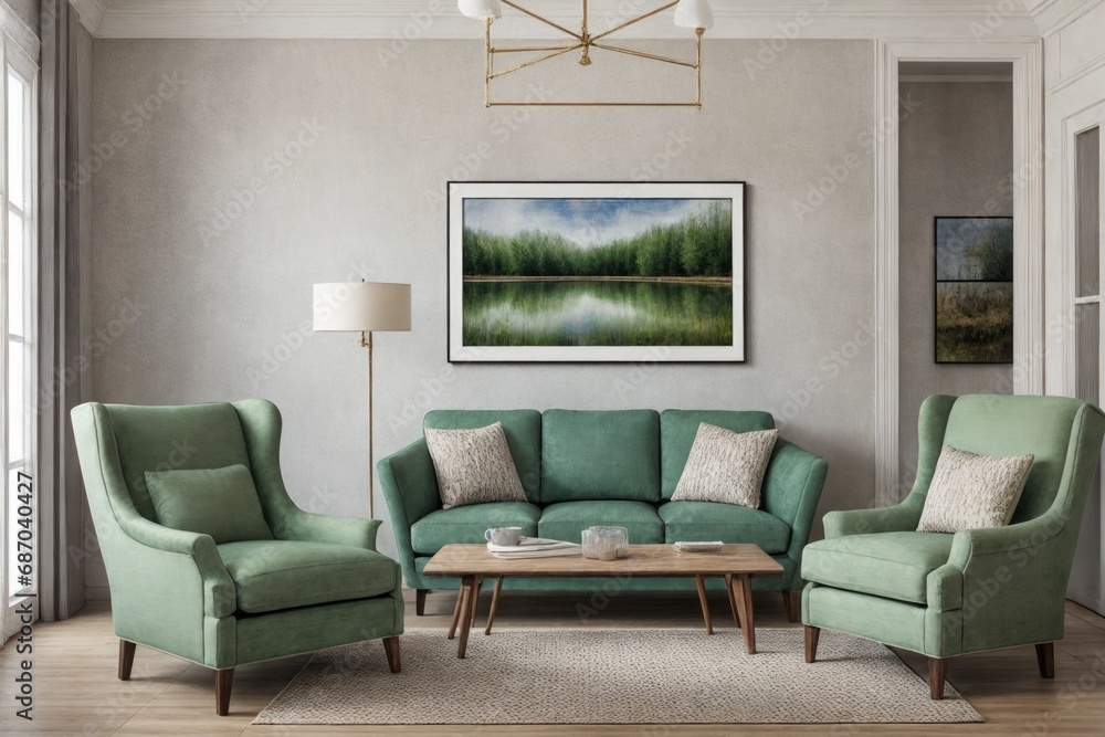 Interior design mockup with picture frame on a Wall. Living room in colors with sofa and painting. Interior design mockup with picture frame on a Wall. Living room in colors with sofa and painting.