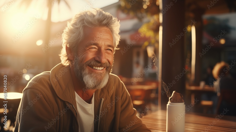 a man sitting at a small wooden table outdoors a man sitting at a small wooden table outdoors