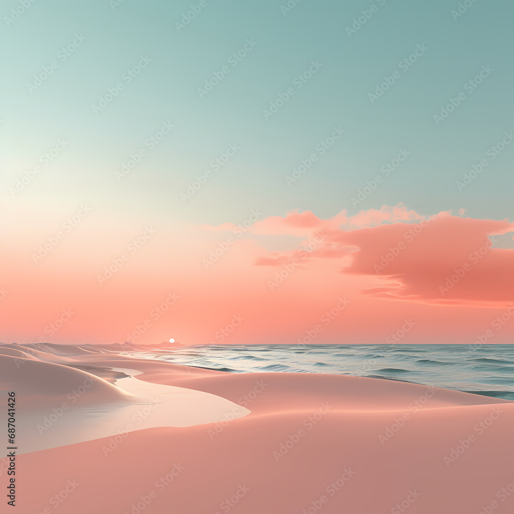 a minimalist beach at dawn with soft pastel hues.