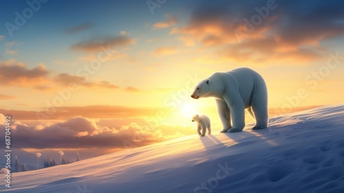 Majestic Polar Bear and Cub Roaming the Icy Norwegian Arctic Waters with Scenic Horizon View