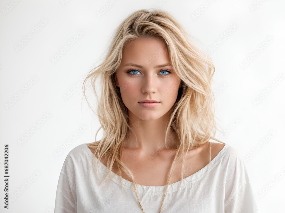 handsome young blonde woman on a white background